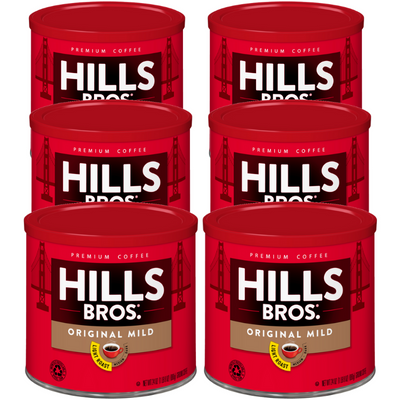Pack of 6 Hills Bros. Original Mild - Light Roast - Ground coffee tins, gluten free.