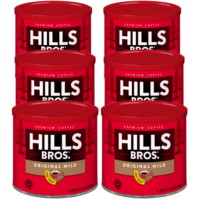 Pack of 6 Hills Bros. Original Mild - Light Roast - Ground coffee tins, gluten free.
