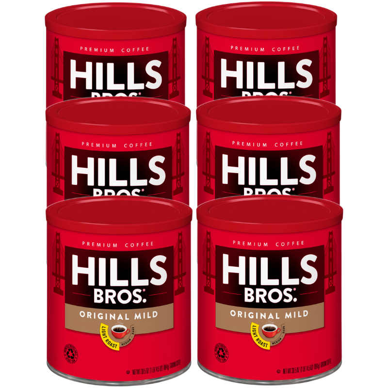 6 oz pack of 6 gluten free Hills Bros. Original Mild - Light Roast - Ground coffee granules.