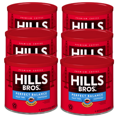 Hills Bros. Coffee Perfect Balance - Medium Roast - Ground - Can is made with premium coffee beans and is perfect for coffee lovers. Each 6 oz can contains 50% less caffeine.