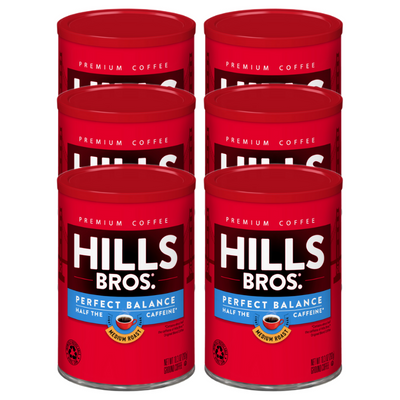 Hills Bros. Coffee Perfect Balance - Medium Roast - Ground - Can, 6-pack of premium coffee beans.